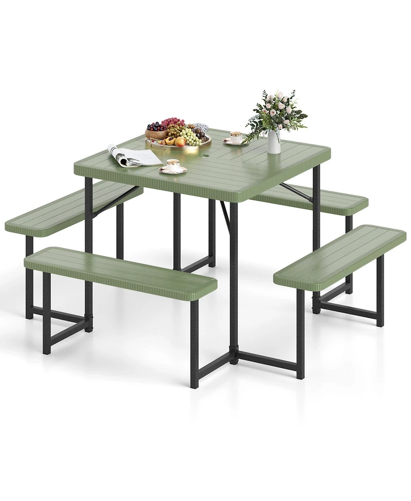 Outdoor Square Picnic Table Bench Set for 4-8 People with Umbrella Hole