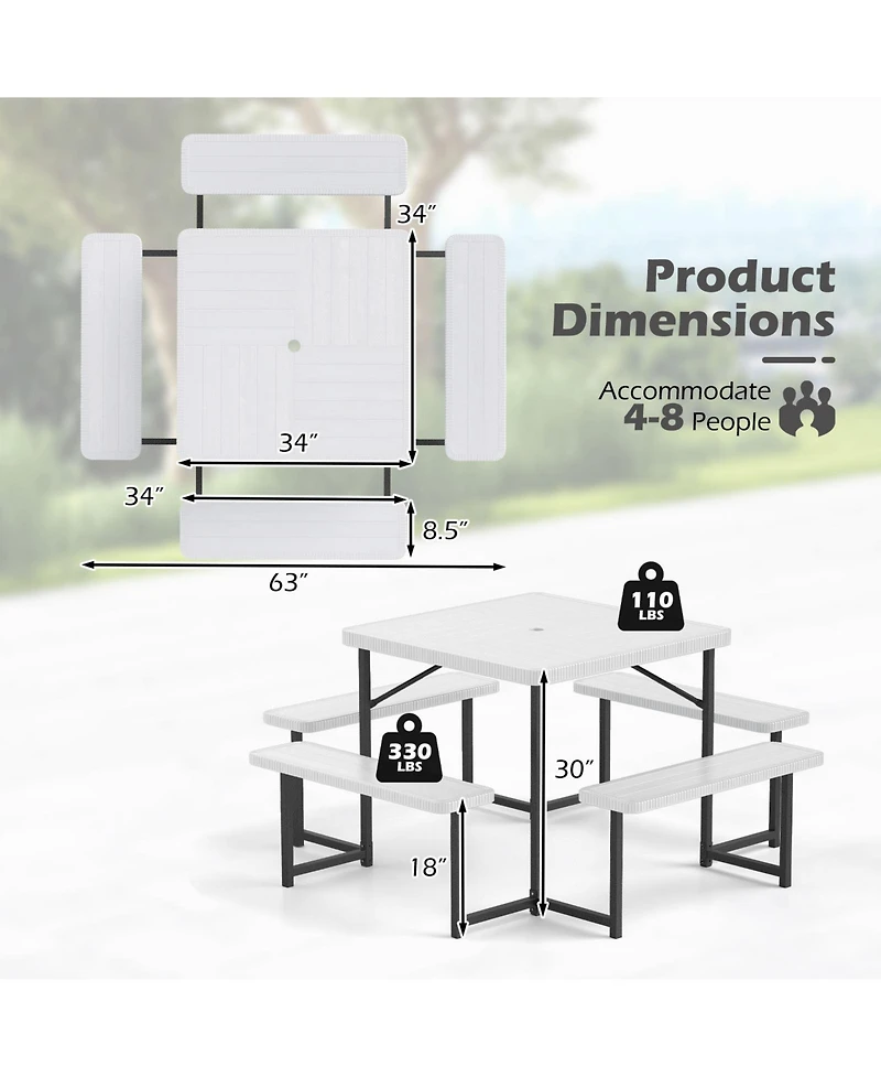 Outdoor Square Picnic Table Bench Set for 4-8 People with Umbrella Hole