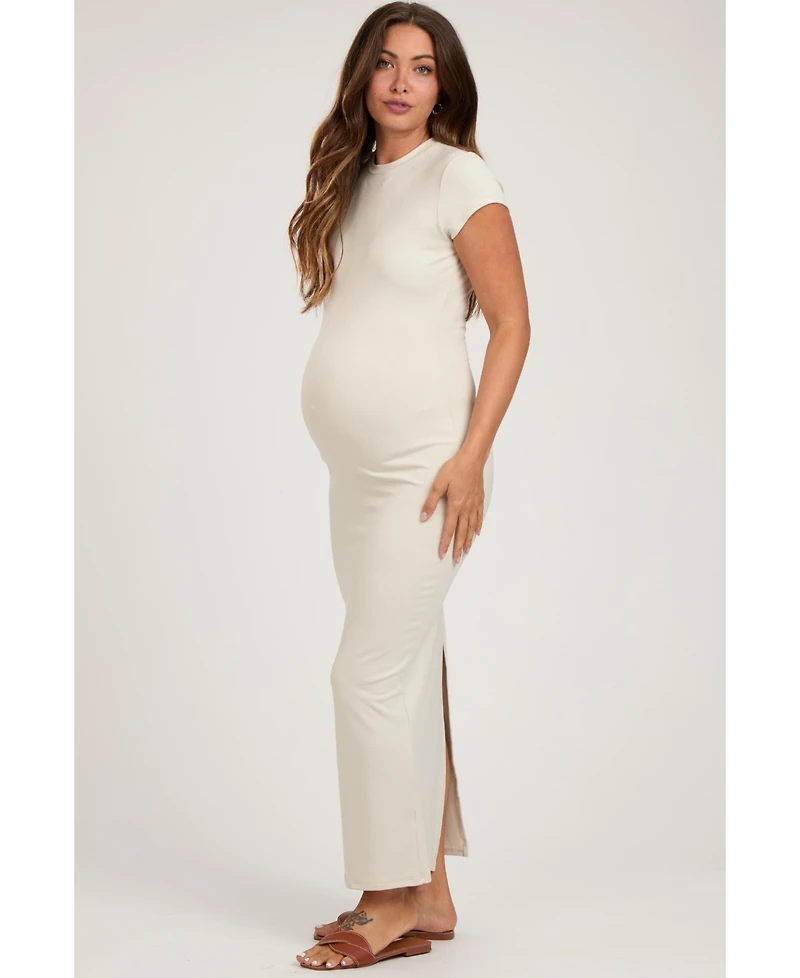 Pinkblush Maternity Cream Fitted Short Sleeve Maxi Dress
