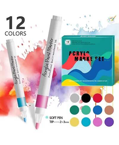 Htutwoo 12 Colors Acrylic Markers Pens Set, Fine Tip Paint Pens, Permanent Coloring Markers