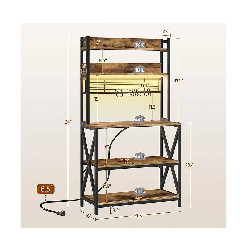 Yaheetech 5-Tier Engineered Wood and Metal Baker s Rack with Power Outlets