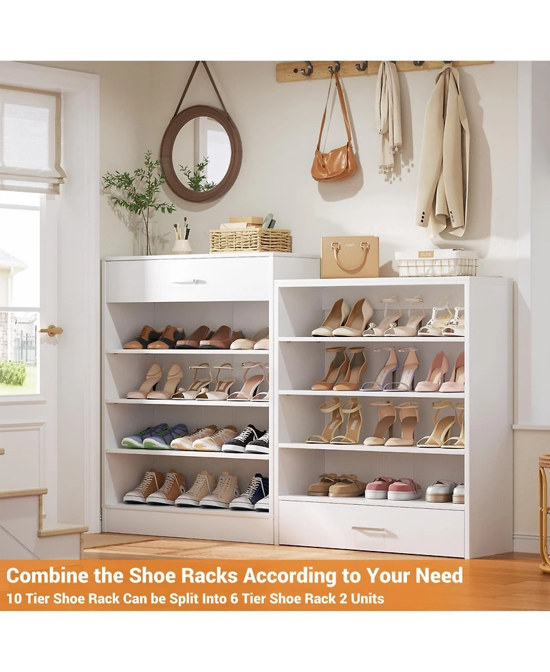 8-Tier Shoe Rack with 2 Drawers, 80'' High Wooden Shoe Cabinet with Adjustable Shelves
