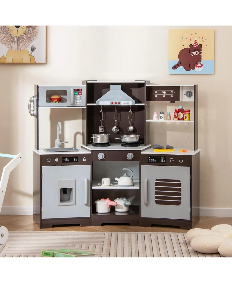 Skonyon Pretend Play Kitchen Wooden Toy Set with Range Hood Real Sounds and Lights