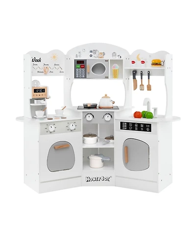 Sugift Corner Wooden Play Kitchen with Coffee Machine and Slide for Kids