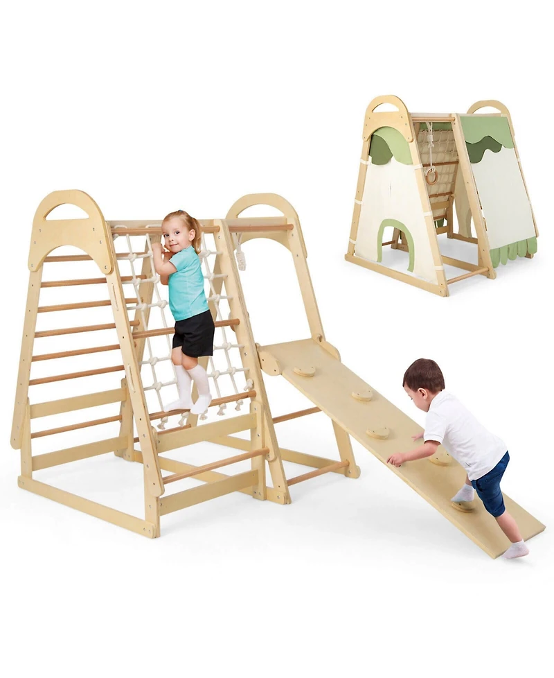 Sugift 6-in-1 Wooden Kids Jungle Gym Playset with Slide Climbing Net-Natural