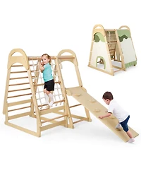 Sugift 6-in-1 Wooden Kids Jungle Gym Playset with Slide Climbing Net-Natural