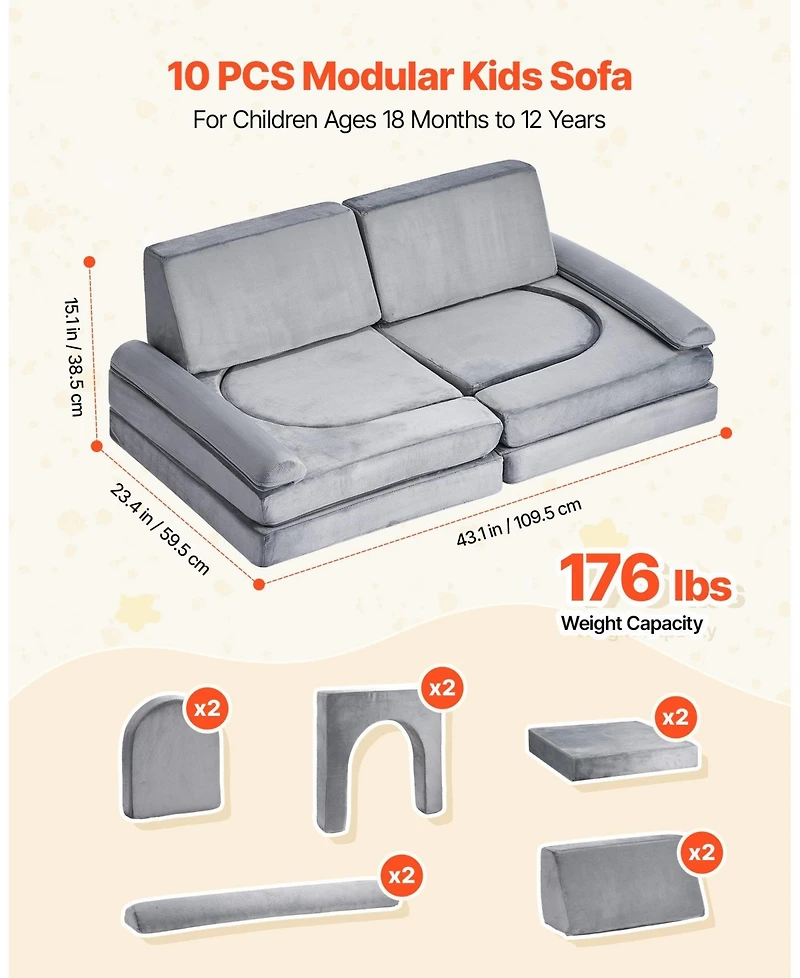 Slickblue Modular Kids Play Couch 10-Piece Sectional Toddler Sofa with Armrests, Gray