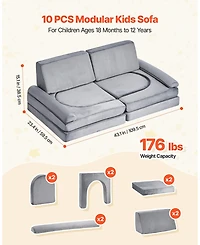 Slickblue Modular Kids Play Couch 10-Piece Sectional Toddler Sofa with Armrests, Gray
