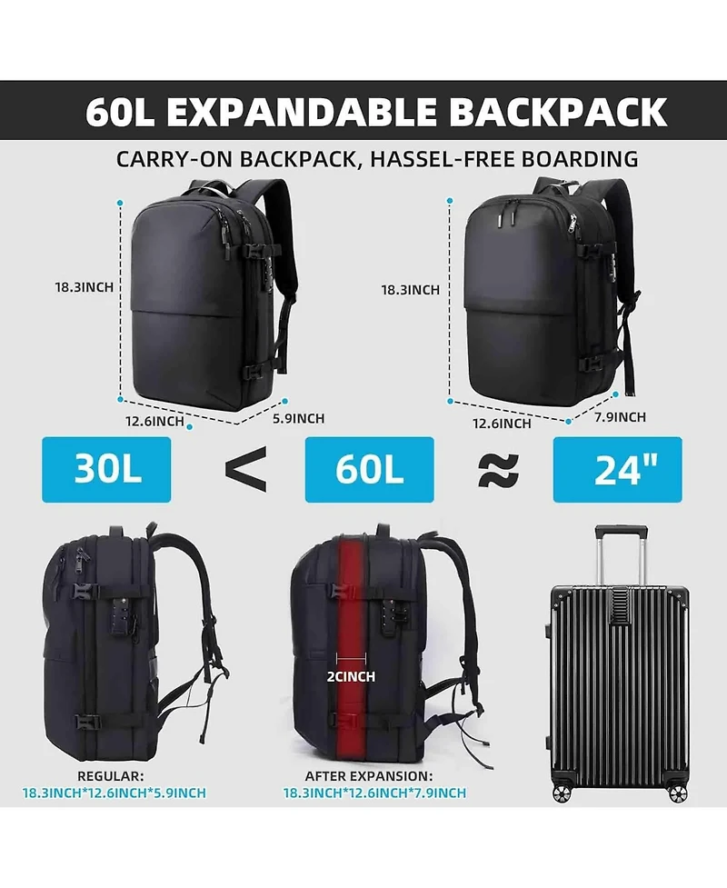 Batfox Vacuum Compression Travel Backpack, 60L Expandable VacPack with Pump & Tsa Lock - Charcoal (Electric Air Pump Included)