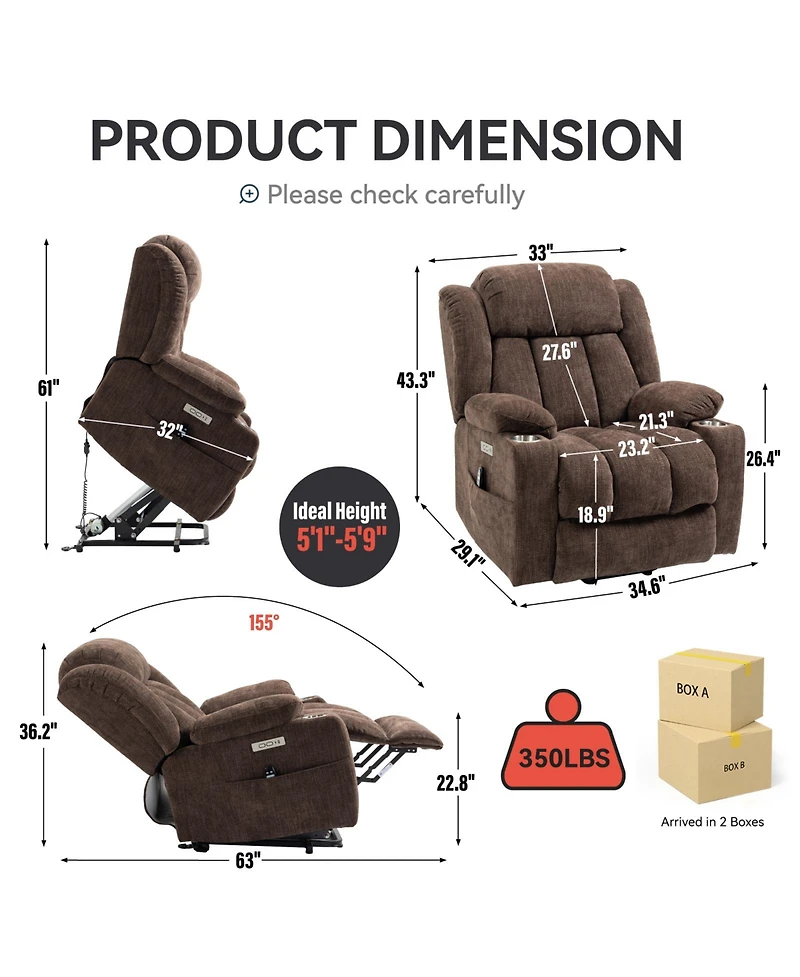 Clihome Up to 350 Lbs Chenille Power Lift Recliner Chair Heavy Duty Motion Mechanism with 8 Point Vibration Massage and Lumbar Heating Usb Type C