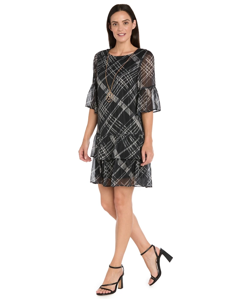 R & M Richards Women's Printed Tiered Hem Dress with Detachable Necklace