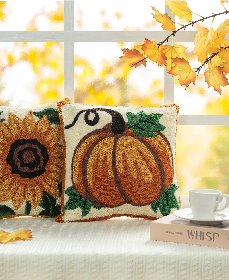 Glitzhome Fall Hooked Sunflower Decorative Pillow, 14" x 14"
