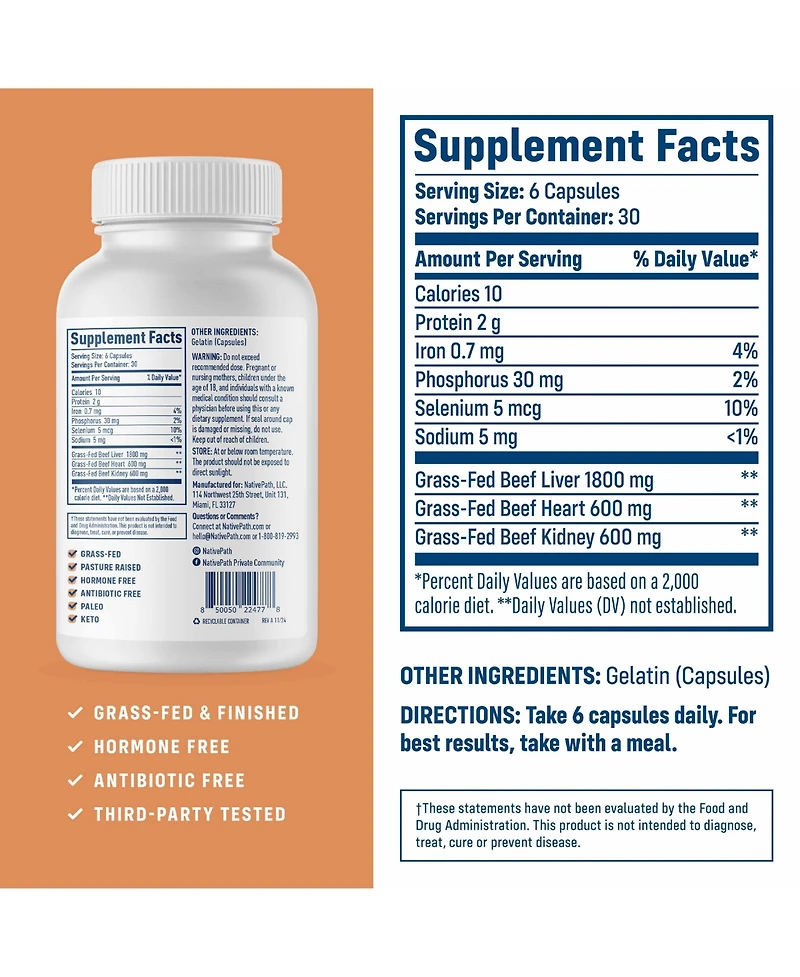 NativePath Grass Fed Beef Organ Complex - Liver, Heart, Kidney Supplement for Energy & Immune Support - New Zealand Sourced, 30 Servings