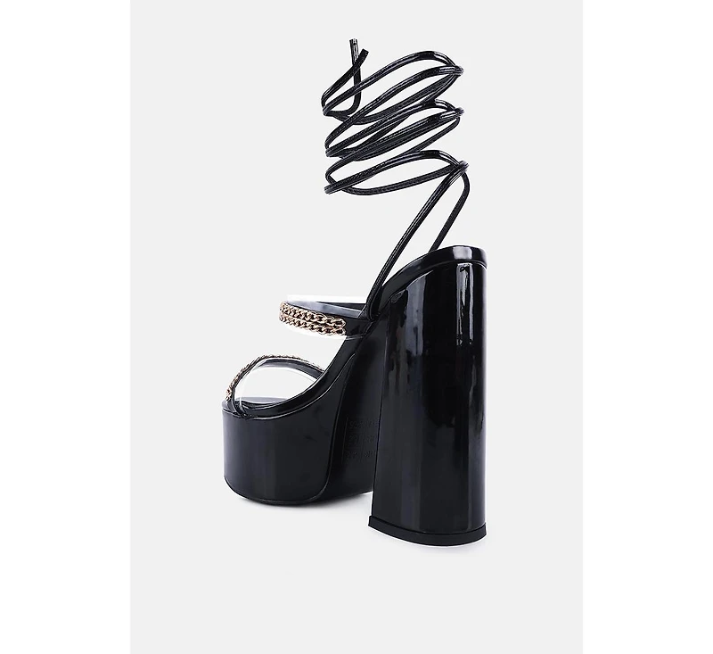 Indulgence Metal Chain Lace Up Chunky Sandals Women