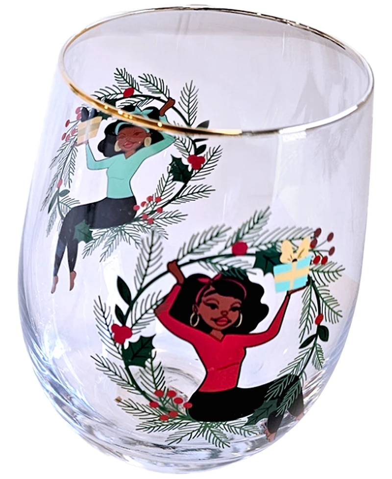 Black Paper Party Shark Tank Holiday Holly Stemless Wine Glasses, Set of 2