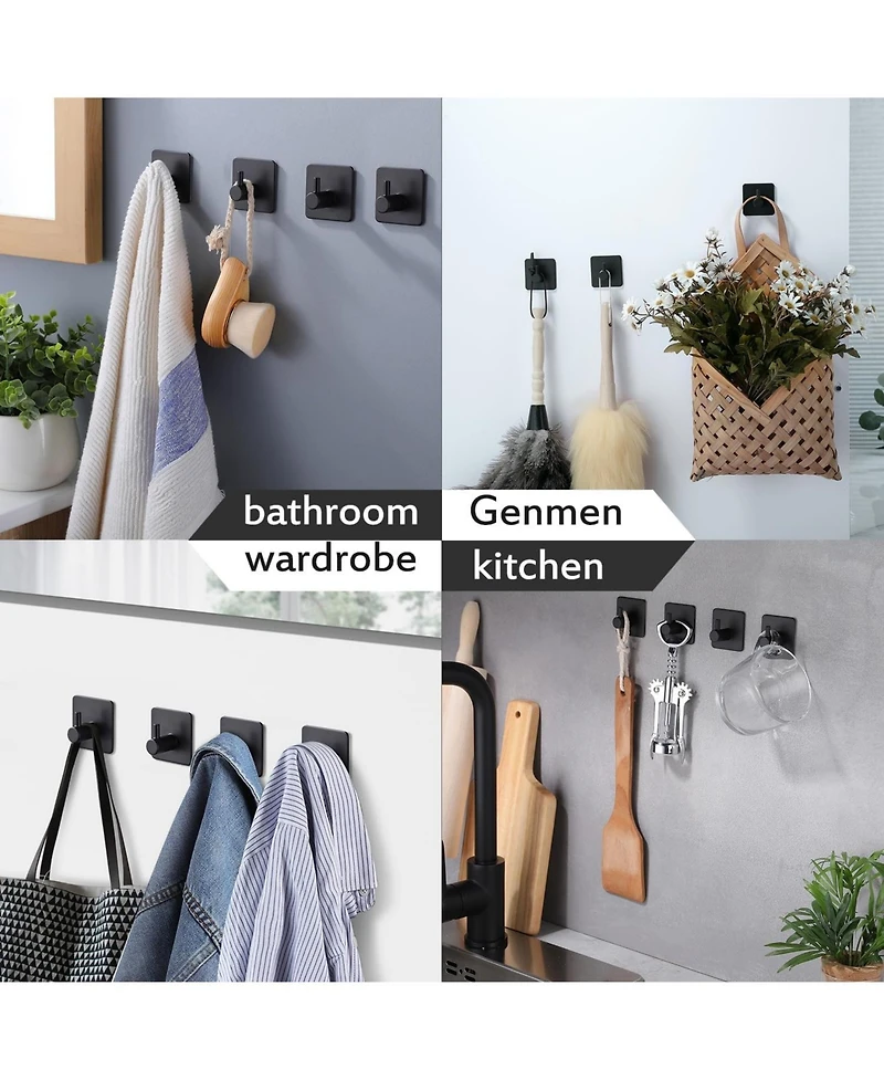 Adhesive Hooks/Towel Hook - Wall Hooks Stick on Heavy Duty for Hanging Towels/Coat/Hat/Bag in Bathroom, Bedroom, Sus-304 S.s. Matte Black 4 Packs
