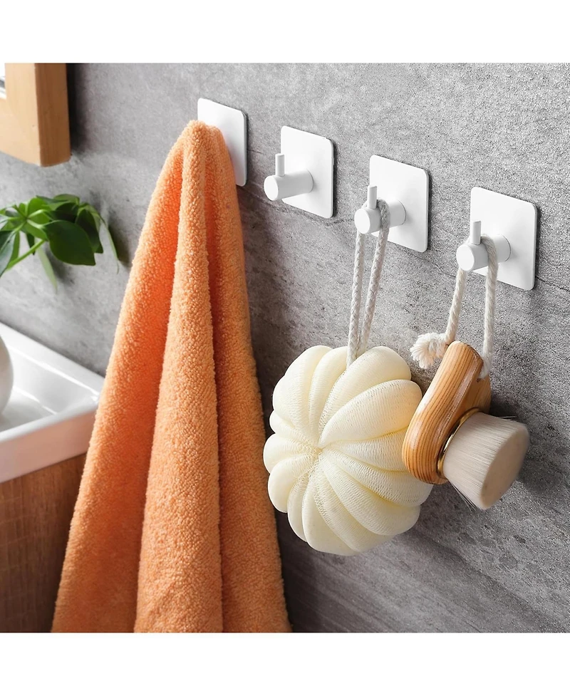 Adhesive Hooks - Towel Hook Heavy Duty Wall Hooks Stick on for Hanging Robe/Coat in Bathroom, Bedroom, Sus-304 Stainless Steel White 4 Packs