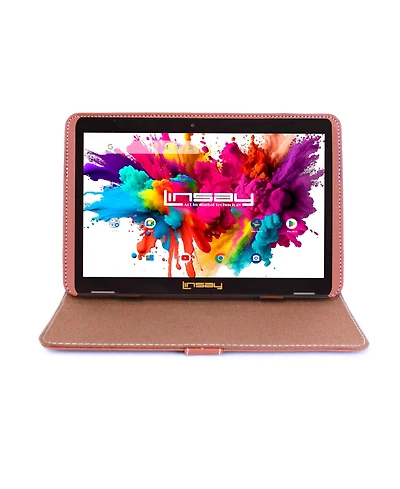 Linsay New 10.1" Tablet Octa Core 128GB Bundle with Brown Leather Case Newest Android 13