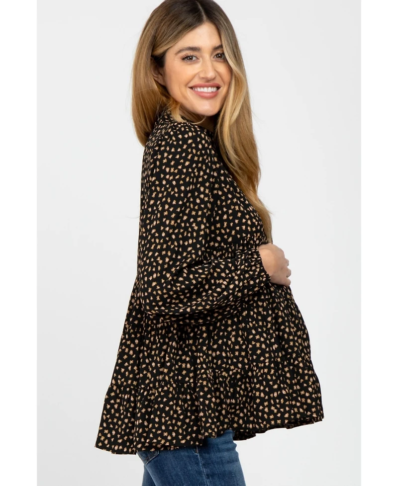 Pinkblush Maternity Black Animal Print Mock Neck Tiered Top