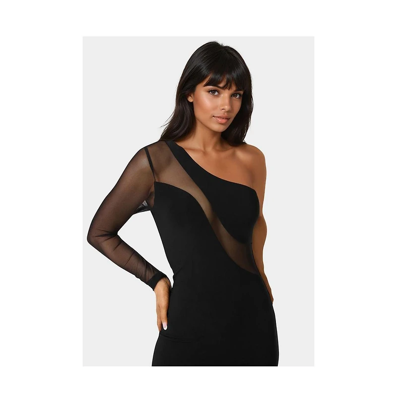 Bebe Women's One Shoulder Mesh Insert Midi Dress