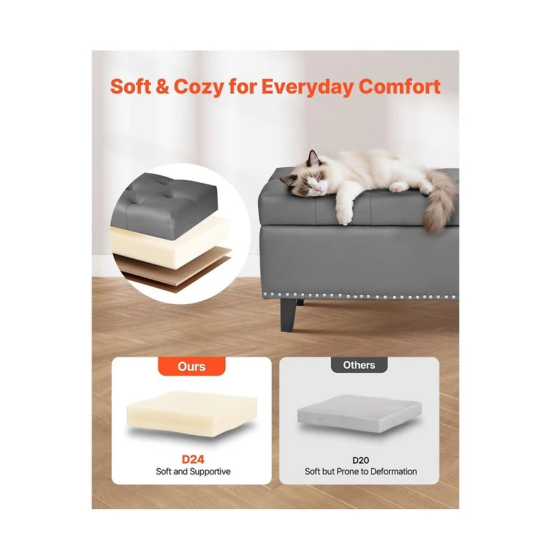 Pu Leather Storage Ottoman Bench Gray with Button-Tufted Design and Wooden Legs