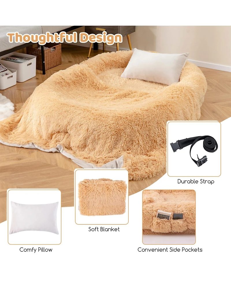 Sugift Washable Fluffy Human Dog Bed with Soft Blanket and Plump Pillow-Brown