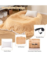 Sugift Washable Fluffy Human Dog Bed with Soft Blanket and Plump Pillow-Brown