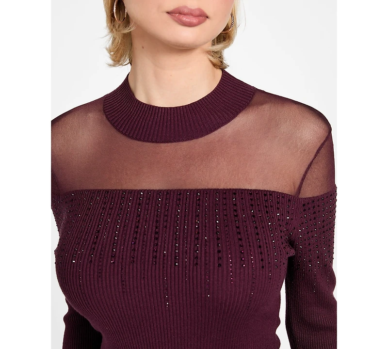 Guess Women's Embellish Sheer Panel Mock Neck Sweater