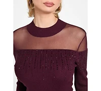 Guess Women's Embellish Sheer Panel Mock Neck Sweater