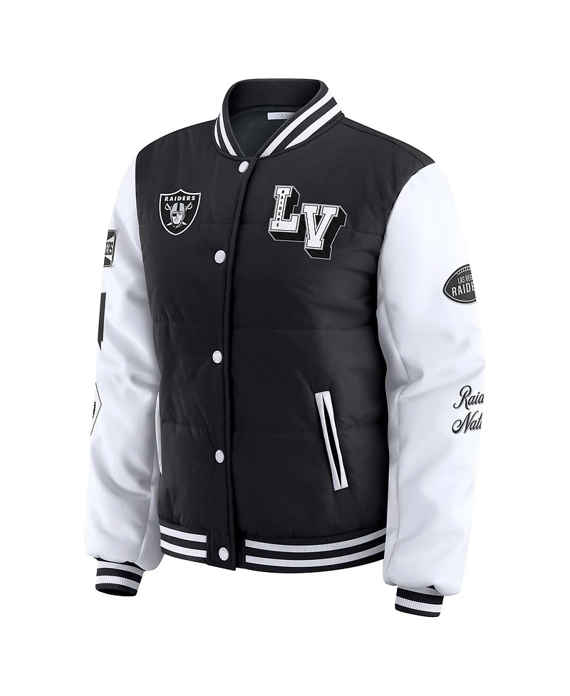 Wear by Erin Andrews Women's Black Las Vegas Raiders Varsity Full-Snap Puffer Jacket