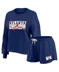 Wear by Erin Andrews Women's 2-Piece Navy Atlanta Braves Heavy Rugby Jersey Cropped Long Sleeve T-Shirt and Shorts Lounge Set