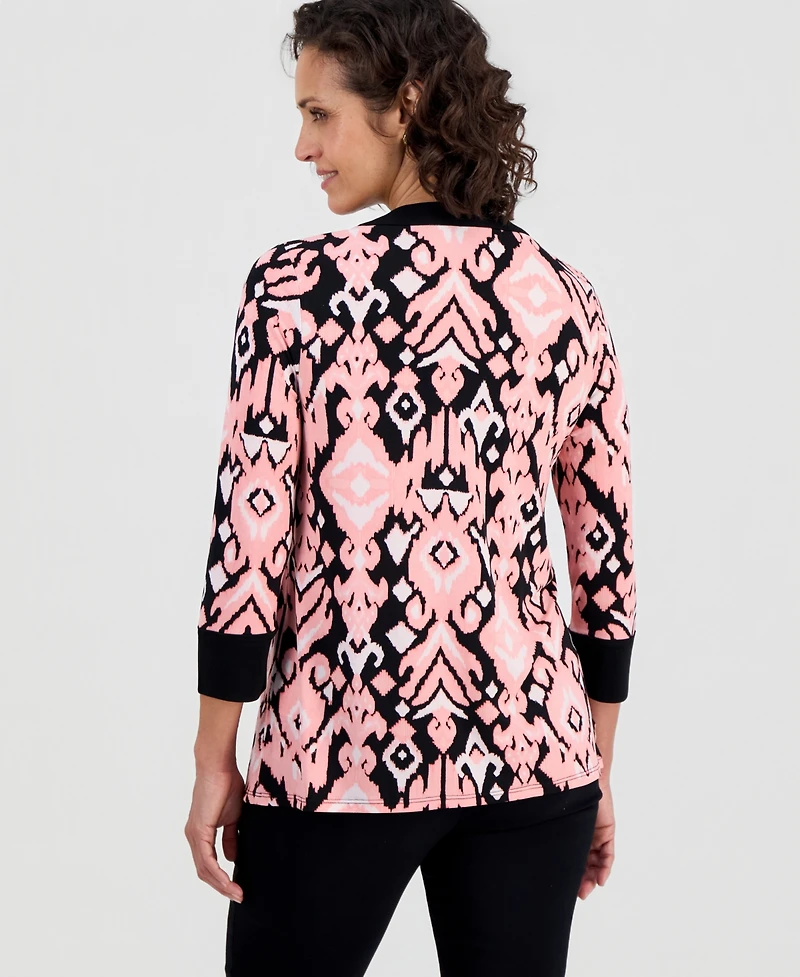 Jm Collection Women's Lace-Up 3/4-Sleeve Printed Top, Created for Macy's