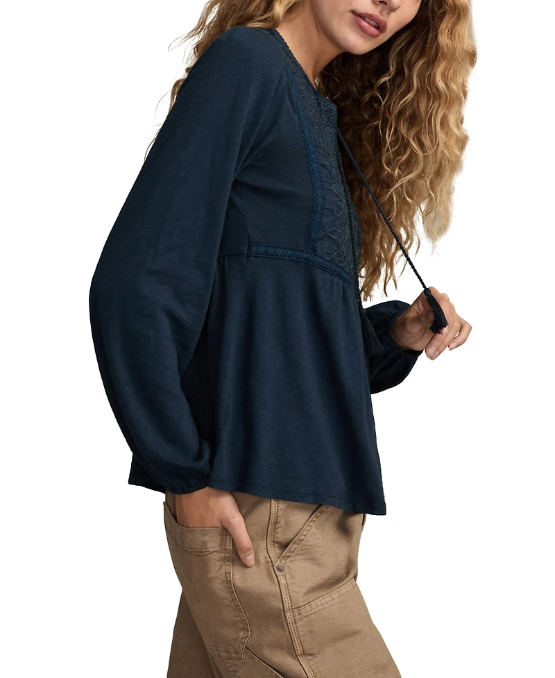 Lucky Brand Women's Embroidered Bib Peasant Top