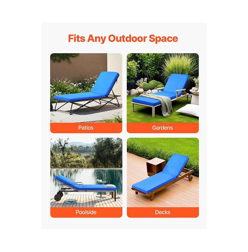 Slickblue Outdoor Chaise Lounge Chair Cushion 72 x 21" Waterproof and Thick with Ties
