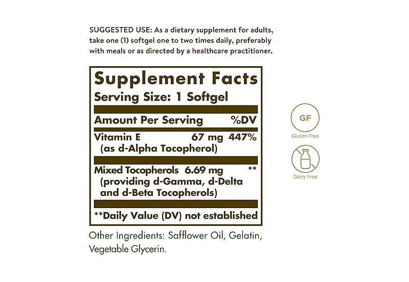 Solgar Vitamin E Mixed (d-Alpha Tocopherol and Mixed Tocopherols) ,100 Iu ,100 S Gels