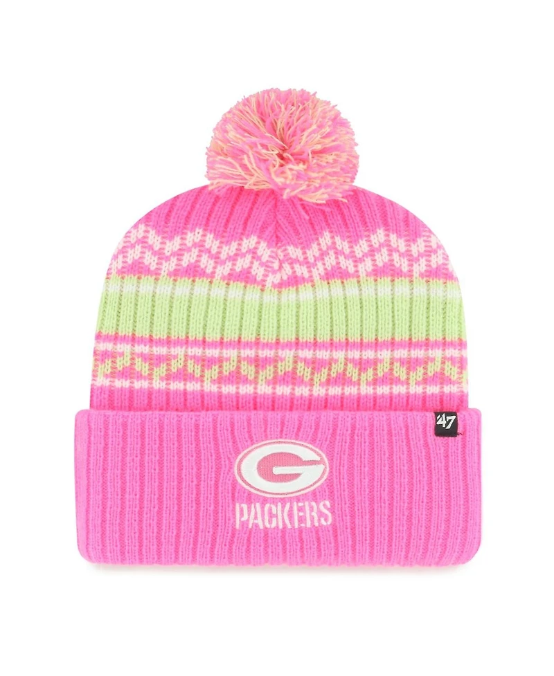 '47 Brand Big Girls Pink Green Bay Packers Polar Vortex Cuffed Knit with Pom Hat