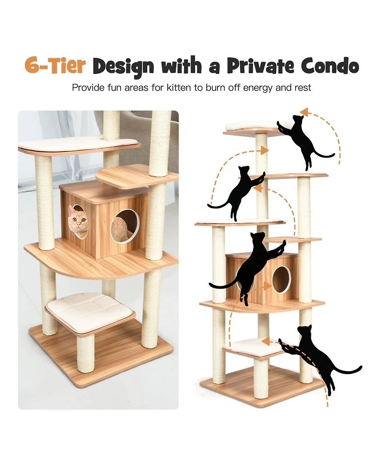 Sugift 7-Layer Wooden Cat Tree Tall Cat Tower with Sisal Posts and Condo