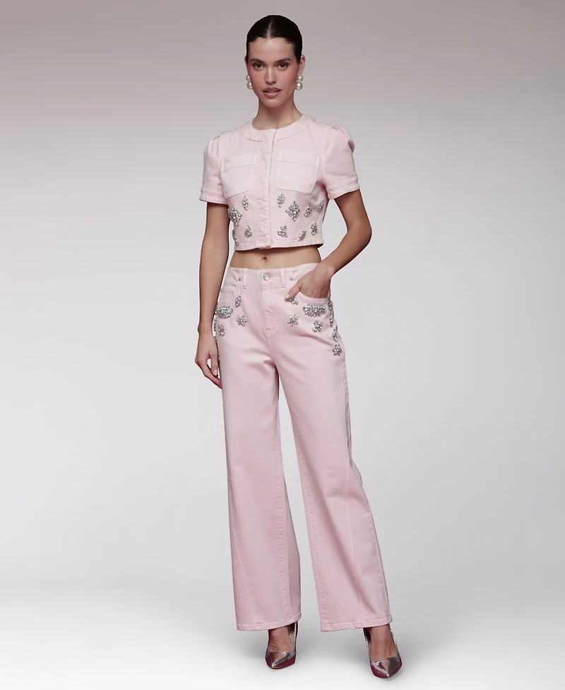 Avec Les Filles Women's Rhinestone-Trim Hollywood-Waist Wide-Leg Jeans