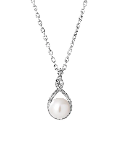 Macy's Freshwater Pearl (7mm) Diamond (1/10 ct. t.w.) Pendant Necklace in Sterling Silver