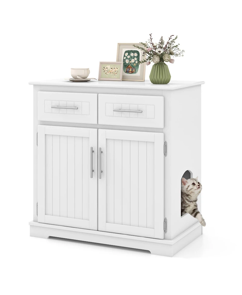 Gymax Cat Litter Box Enclosure w/ 2 Drawers Double Doors Anti-Toppling Devices
