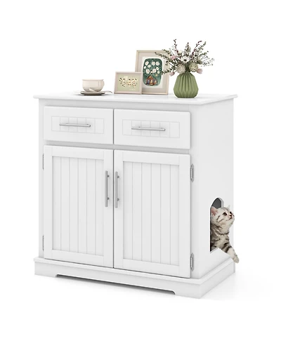 Gymax Cat Litter Box Enclosure w/ 2 Drawers Double Doors Anti-Toppling Devices