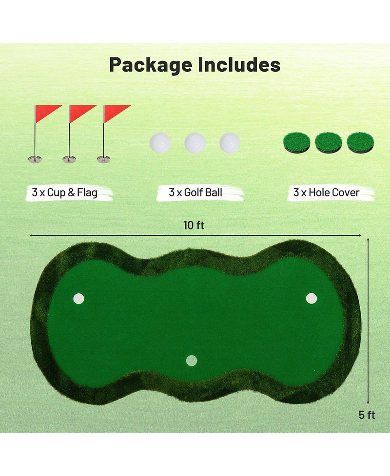 Skonyon 5 x 10 Feet Golf Practice Putting Green Mat with 3 Holes and Golf Balls for Home Office Backyard