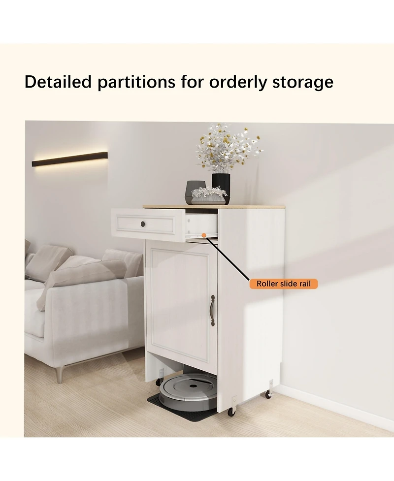 Casainc Robot Vacuum Stand Cabinet with Wheels, Storage Rack with Doors and Drawers, Side Table for Home or Office