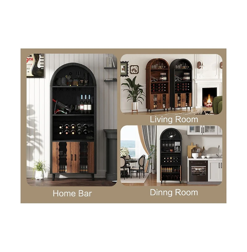 Casainc 71" Farmhouse Arched Wine Bar Cabinet with Wine Rack, Glass Holder, Whiskey Station for Living & Dining Rooms