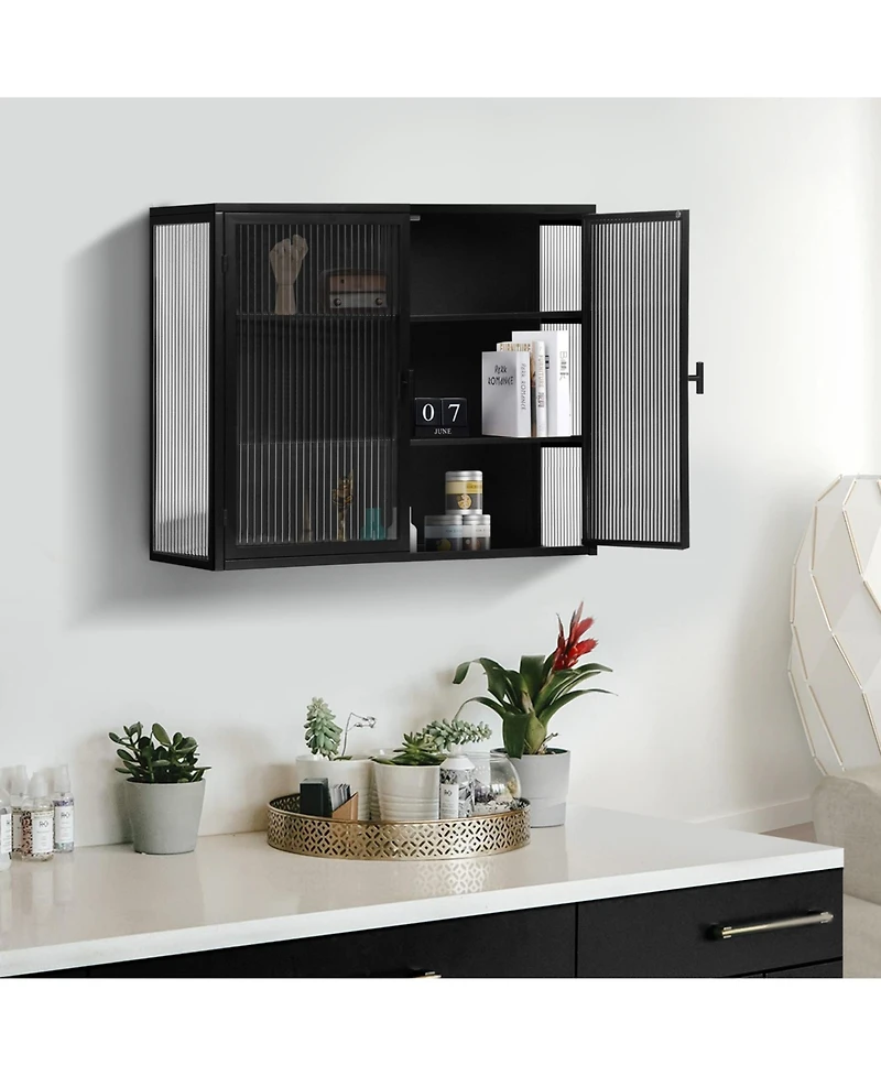 Casainc 27.56" Two-Door Wall Cabinet with Glass Doors and Three-Tier Storage for Entryway, Living Room, or Bathroom