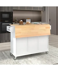 sumyeg Rolling Kitchen Island with Solid Wood Top, Drop Leaf Bar, Locking Wheels, Storage Cabinet, Spice Rack, Towel Rack and Drawer, 52.7inch