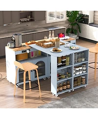 Casainc Rolling Kitchen Island with Extended Table, Led Lights, Power Outlets, 2 Fluted Glass Doors, Storage Compartment and 3 Open Side Shelves