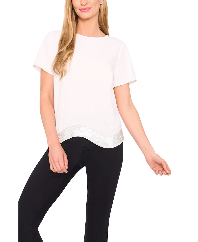 CeCe Women's Rhinestone Wavy Hem Short-Sleeve Blouse