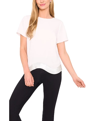 CeCe Women's Rhinestone Wavy Hem Short-Sleeve Blouse