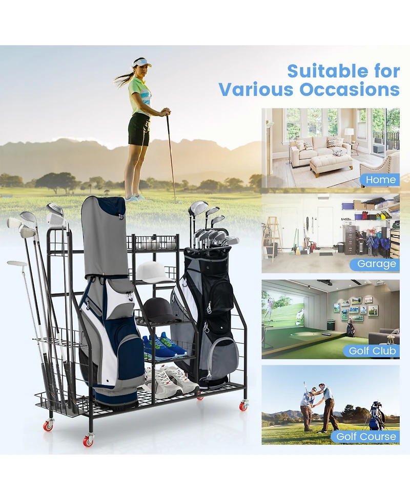 Skonyon Double Golf Bag Rack with Removable Golf Club Stand and Wheels